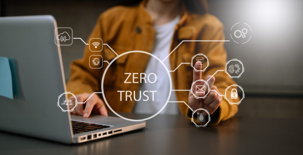Zero trust security concept Person using computer and tablet with zero trust icon on virtual screen of Data businesses.. Zero trust protection